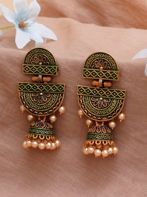 Karatcart Gold-Plated Green Floral Dangler Earrings-picture-42