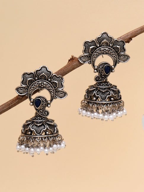 Fida Oxidised Silver Mirror Studded Floral Jhumka Earring For Women