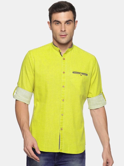 Don Vino Neon Green Regular Fit Self Design Shirt