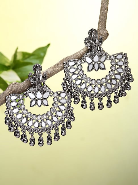 Karatcart Black Silver Plated Mata Laxmi Design Chand Bali Earrings for Women-picture-45