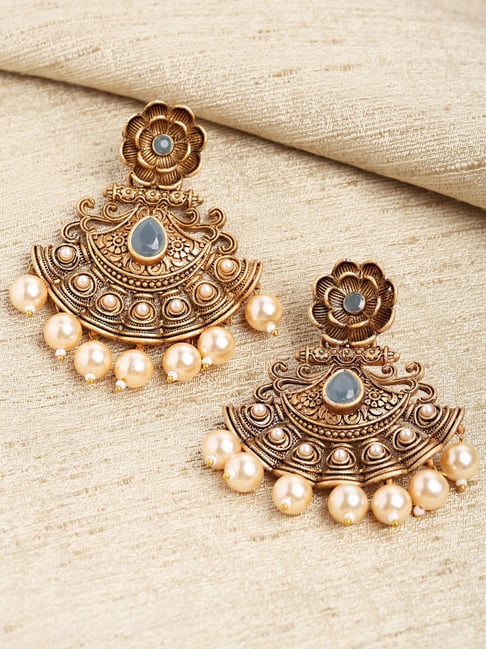 Brushed gold tone blue stone, grey acrylic long drop clip earrings | eBay