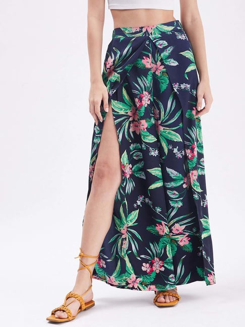 PURYS Navy Printed Wide Leg Trousers-image-22