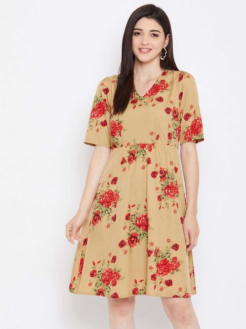 PURYS Khaki Printed A-Line Dress-picture-48
