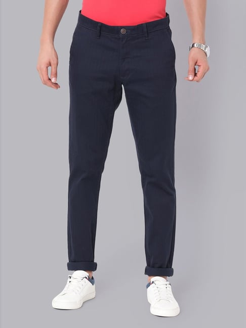 Navy Blue Slim Fit Cotton Lycra Pants for Men by GentWithcom