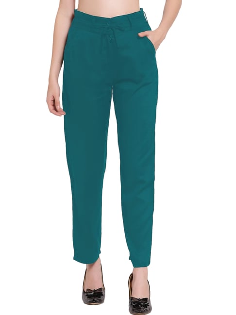 Women Solid Green High-Rise Waist Loose-Fit Slip-On Straight Leg Regular  Trousers - Berrylush