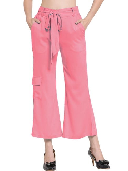 Buy Online Women Pink Solid Y2K Cargo Trousers at best price  Plussin