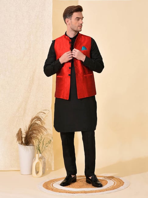 Buy Festival Wear Jacket style Banarasi Silk Pure Black Men's Kurta Pajama  MKPA01426