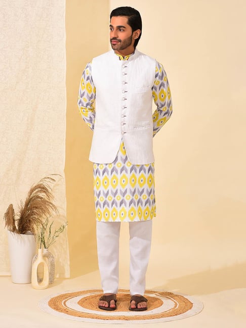 Off-white Kurta Pajama Set With Luckhnawi Embroidery Yellow Color Nehru  Jacket at Rs 6999.00 | Men Kurta Pajama | ID: 2851298073112