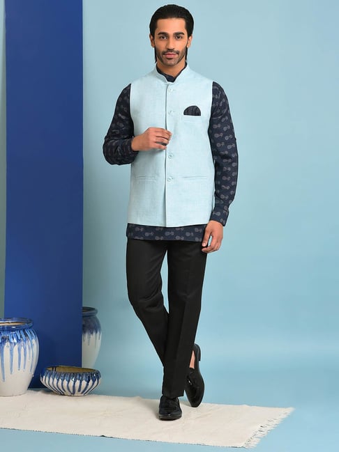 Buy Navy Blue Tussar Silk Mens Nehru Jacket (NMK-6973) Online