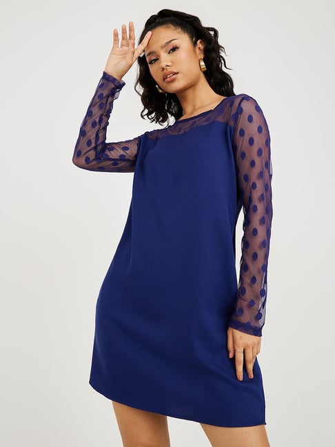 Styli Long Sleeves Flocked Spot Mini Dress with Mesh Insert