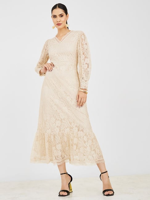 Styli Lace Insert V Neck A-Line Midi Dress