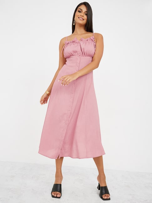 pink skater dress with collar Women's Outfit: Hot Pink Skater Dress, Beige Leather Pumps, Hot Pink Clutch, Black Necklace