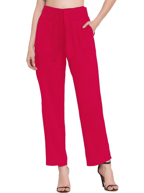 Buy PATRORNA Dark Pink High Rise Straight Fit Trousers for Women