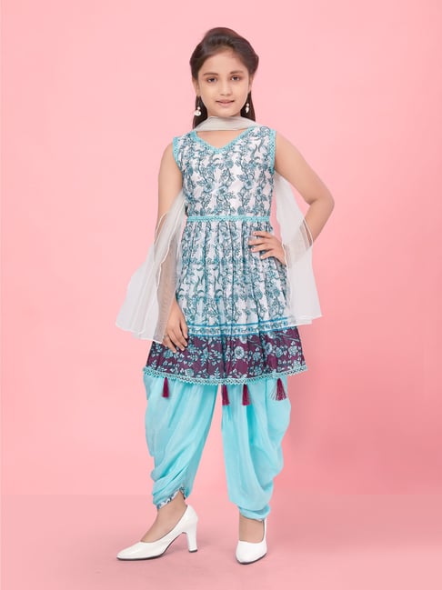 Ahhaaaa Cotton Jaipuri Print Frill Sleeves Frock Style Kurti with Dhoti  Salwar for Baby Girls - Walmart.com