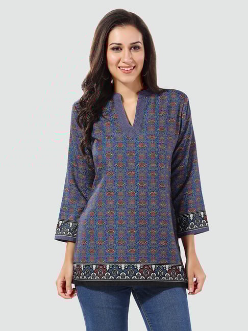 Saree Swarg Dark Blue Printed A Line Short Kurti-picture-14