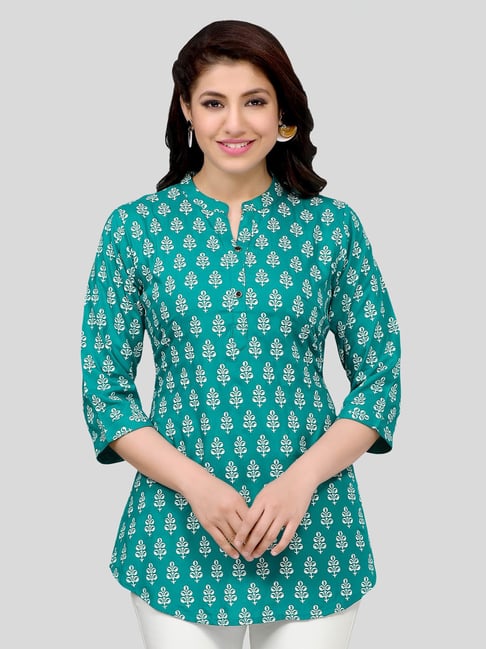 Saree Swarg Sea Green Printed A Line Short Kurti-picture-13