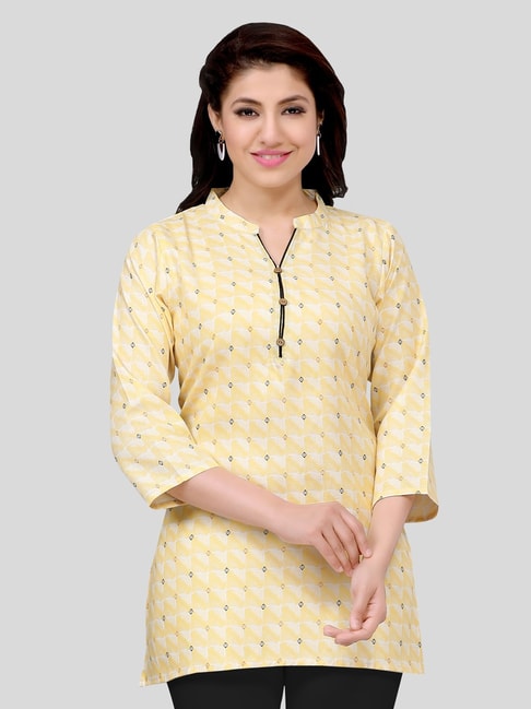 Buy Mustard Yellow Short Kurti In Crepe With Bandhani And Floral Print  Online - Kalki Fashion