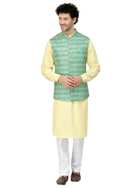 Woven Art Silk Jacquard Nehru Jacket in Light Yellow : MLC52