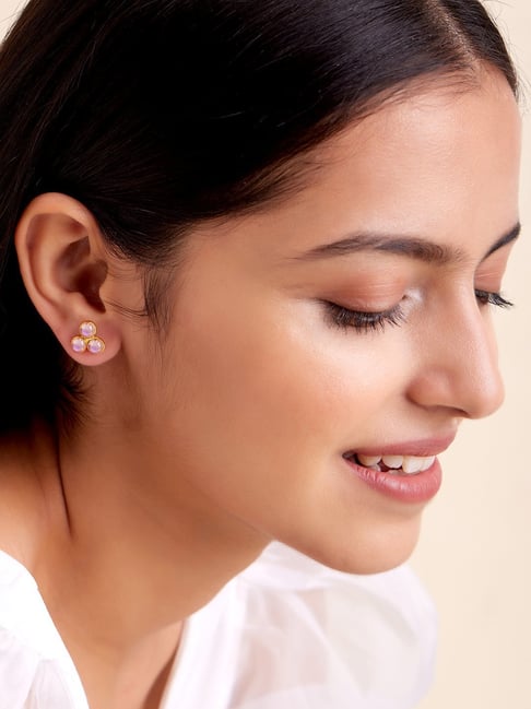 Gold Finish Moonstone Stud Earrings In Sterling Silver Design by Tanvi Garg  at Pernia's Pop Up Shop 2024