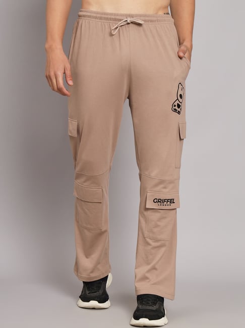 GRIFFEL Camel Relaxed Fit Printed Bell Bottom Trackpants