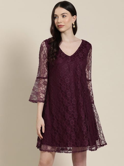 Qurvii Burgundy Lace A Line Dress-picture-42