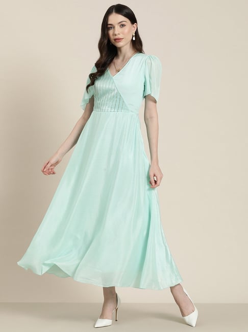 Flowing Sheer Tulle Long Slit Turquoise Prom Party Dress With Lace Beading  - $178.2872 #TZ2346 - SheProm.com