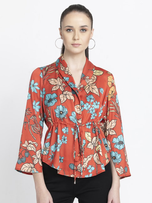 Shaye V-Neck Red Printed Three-Quarter Sleeves Casual Tops For Women