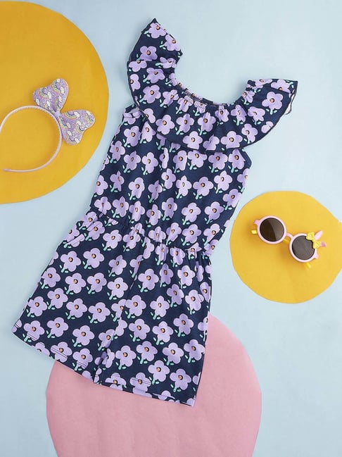 Pantaloons Junior Blue & White Cotton Floral Print Jumpsuit