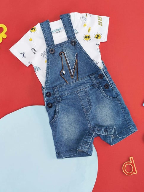 Pantaloons Baby Blue & White Cotton Printed Dungaree Set-picture-16