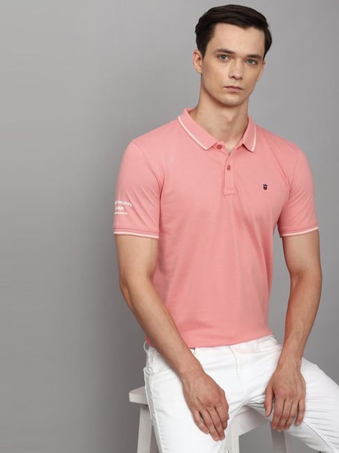 Louis Philippe Jeans Peach Cotton Slim Fit Polo T-Shirt