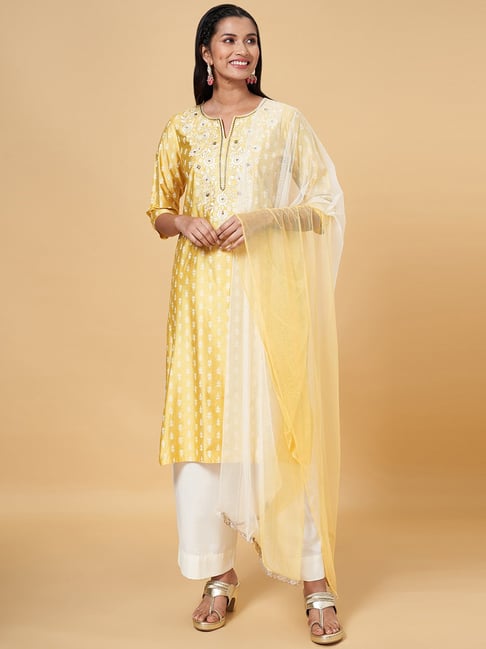 Rangmanch by Pantaloons Yellow & White Embroidered Kurta Palazzo Set With  Dupatta