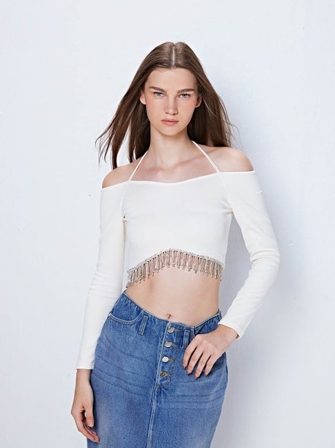 Cover Story White Embellished Crop Top