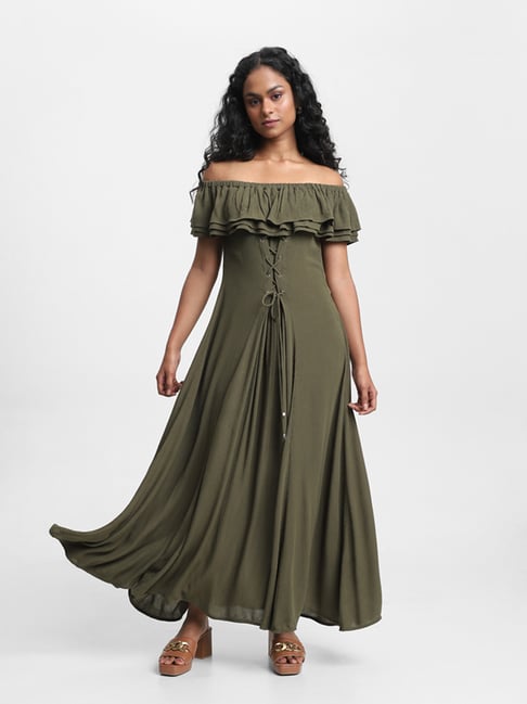 westside olive green dress Nuon by Westside Plain Olive-Colored Dress
