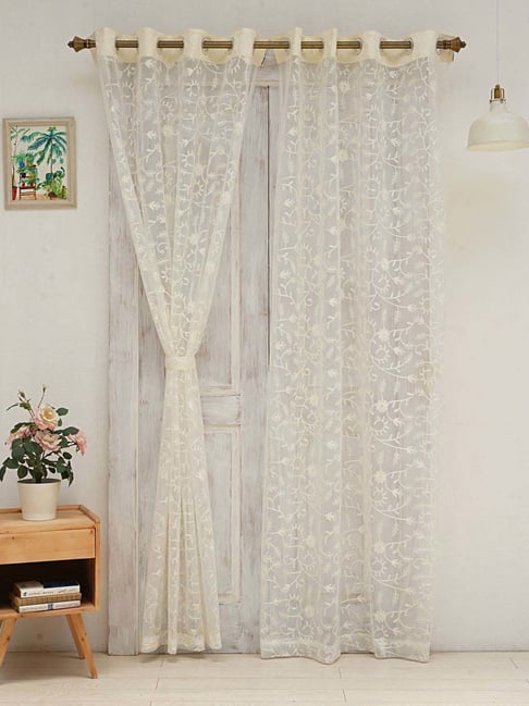 Ariana Floral SheerWhite Polyester 9 ft Long Door Curtain - Set of 1