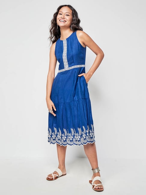 Global Desi Dark Blue Embroidered Midi Dress