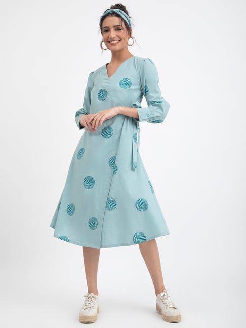 Pink Fort Blue Polka Dot Print Wrap Dress