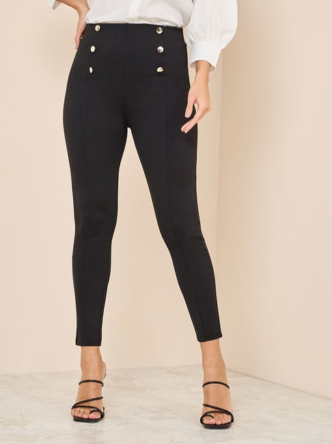 Women'S Black 4 Way Stretch Front Button Detail Skinny Treggings