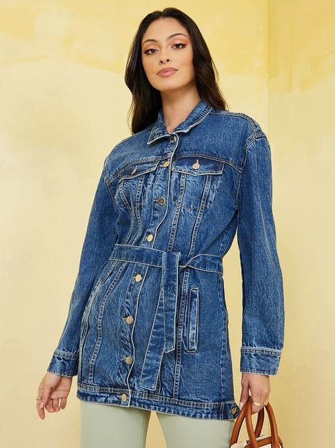 Buy Moda Rapido Women Blue Washed Longline Denim Jacket - Jackets for Women  7674442 | Myntra