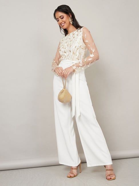 Styli Sequin Detail Wide Leg Jumpsuit with Self Tie Up