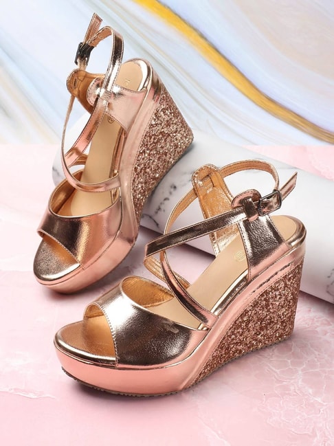 Buy Now Women Rose Gold Textured Wedge Heels – Inc5 Shoes