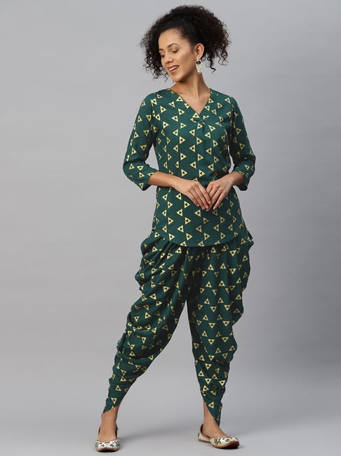 Embroidered Georgette Crop Top Dhoti Pant Set in Sea Green  TAC120