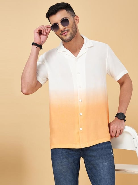 Buy People by Pantaloons Orange White Slim Fit Printed Shirts
