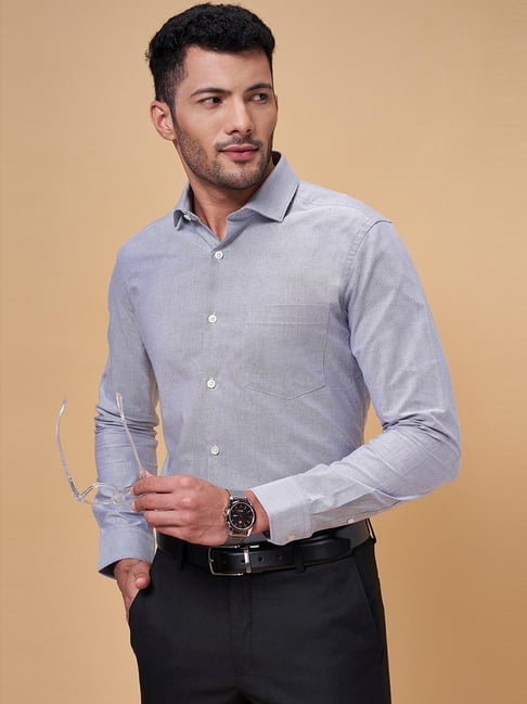 Peregrine by Pantaloons Grey Cotton Slim Fit Striped Shirt