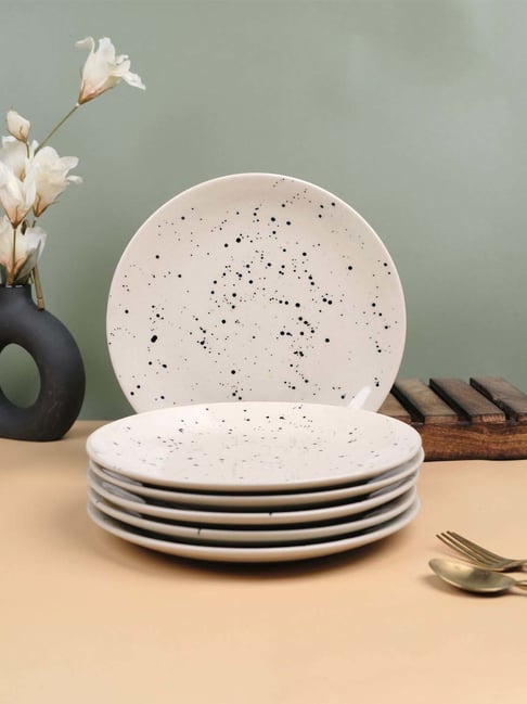 VarEesha White Ceramic Speckled Dinner Plate - Set of 6