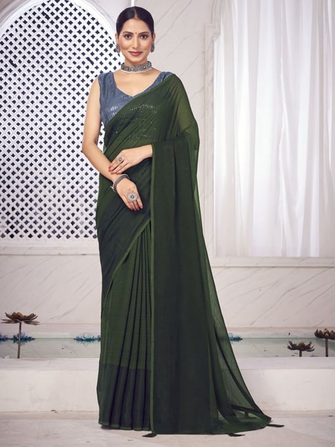 Olive Green Designer Embroidered Saree – Ethnos