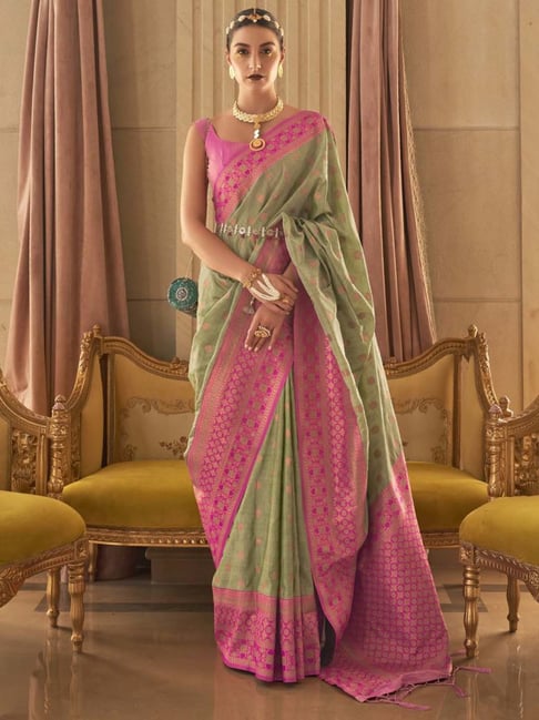 Silk Land Green Woven Saree With Unstitched Blouse