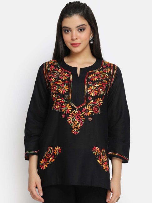 Chikan Handmade Multi Color On Black Embroidered Long Ethnic Kurti at Best  Price in Delhi