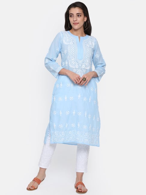 Lavangi Women's Light Blue Lucknow Chikan Embroidery Rayon Kurti
