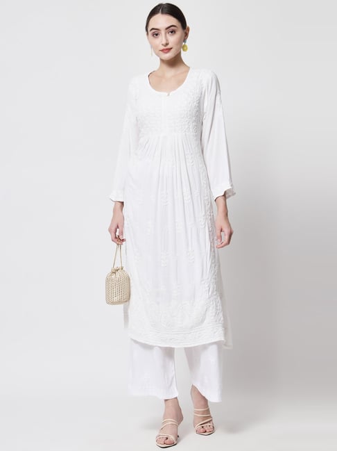 White Cotton Frill Angarkha Style Kurti - Shaan-e-Awadh Chikankari