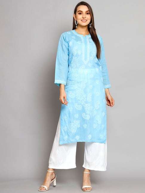 Straight ocean blue kurti, pant and stole with handwork - Kurti Fashion